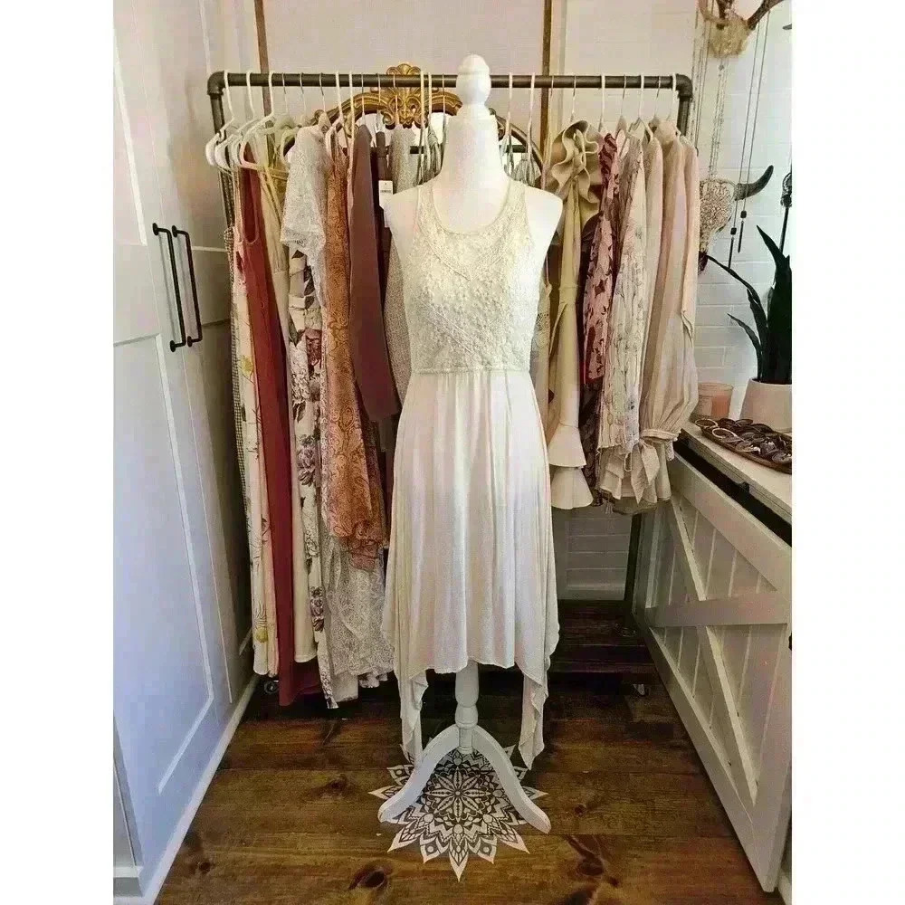 POL Women's S Cream Lace Boho Prairie Asymmetrical Sleeveless Dress